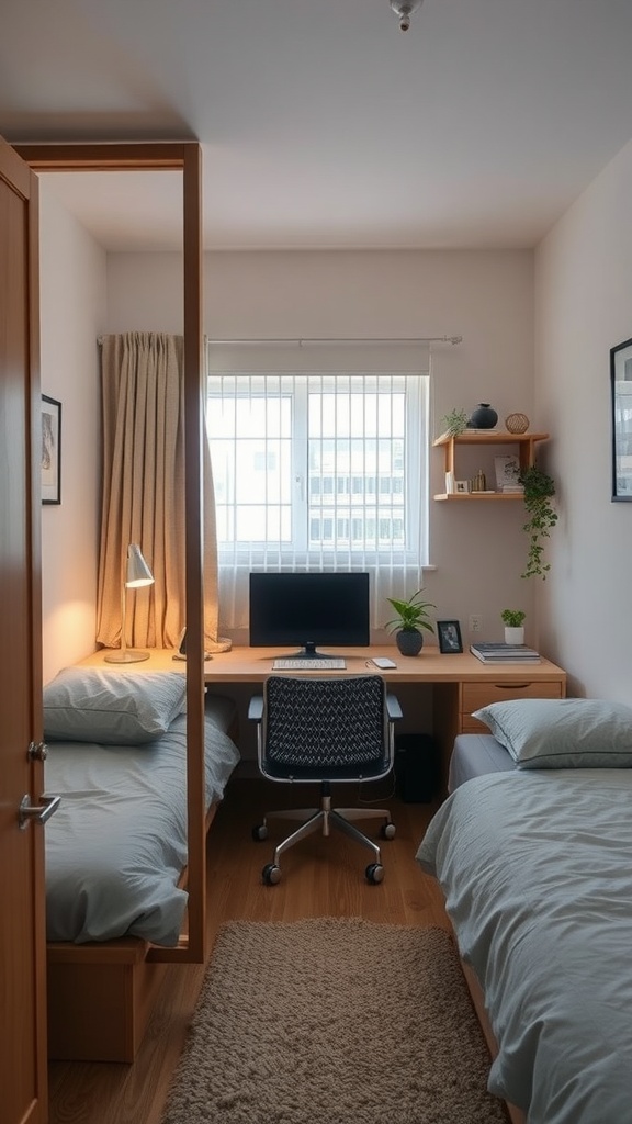 A small bedroom layout with two beds separated by a wooden divider, featuring a workspace and decorative elements.