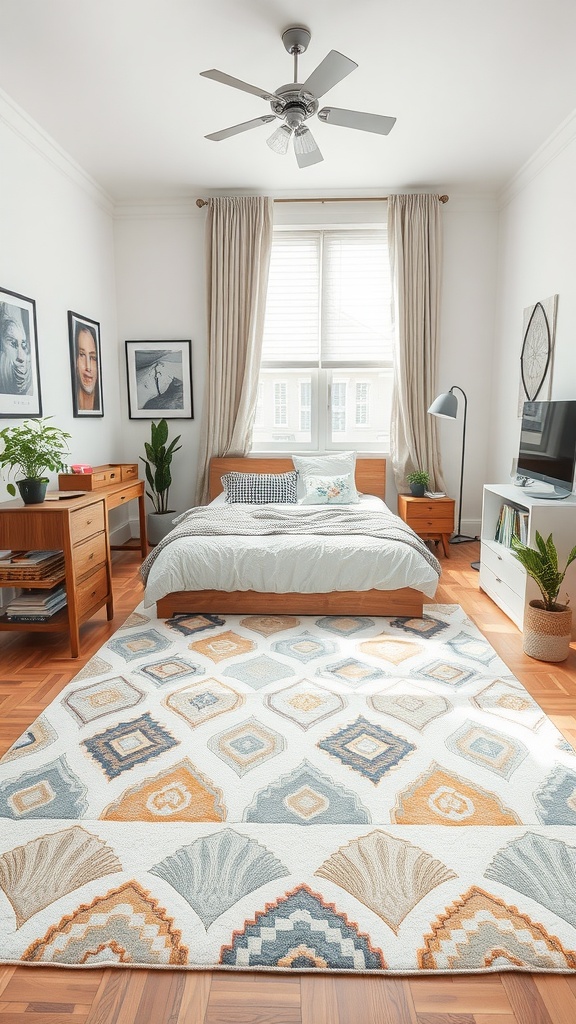 A small bedroom featuring a colorful rug, a bed with light bedding, wooden furniture, and wall art.