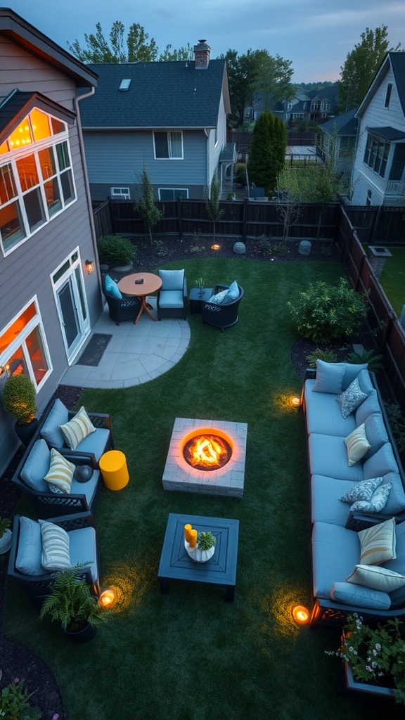 A cozy backyard with a fire pit and comfortable seating, perfect for relaxation and entertainment.