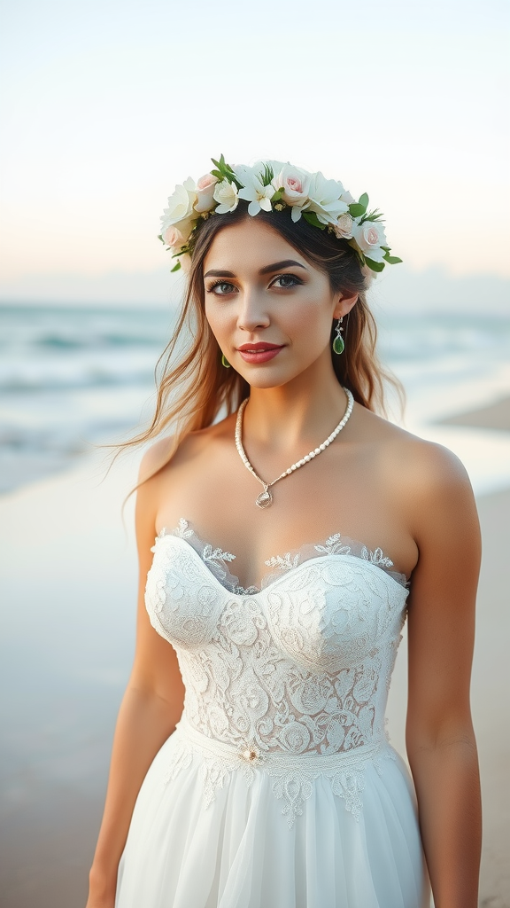 Bride in a beach wedding dress with a floral crown and elegant jewelry