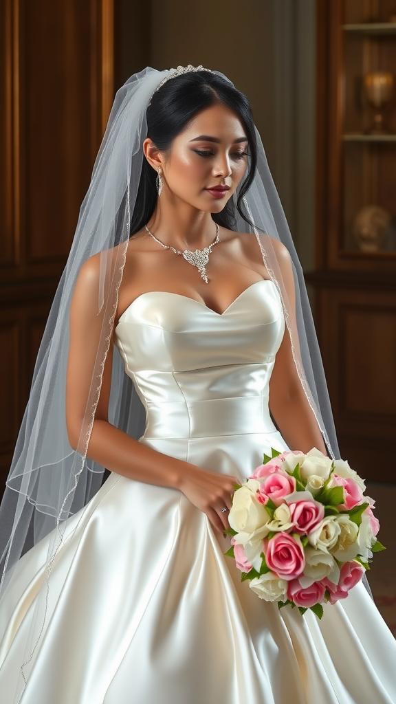 A bride in a satin wedding dress holding a bouquet, adorned with jewelry and a veil.