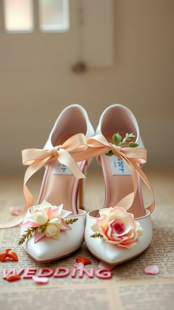 A pair of elegant white wedding shoes with floral decorations and ribbons, placed on a decorative background.