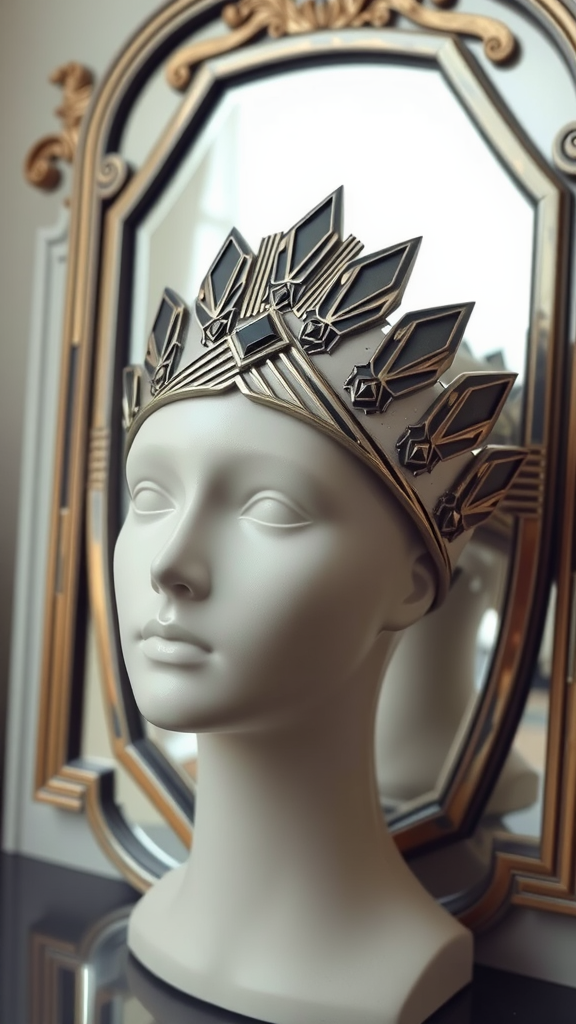 A stylish headpiece with Art Deco design, displayed on a mannequin against a mirrored background.