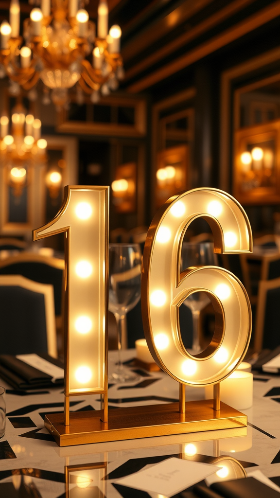 Art Deco inspired table number 16 with lights in an elegant wedding setting