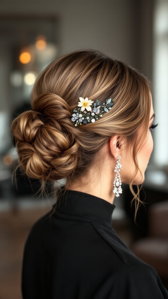 A woman with a beautifully styled chignon adorned with flowers and elegant earrings.