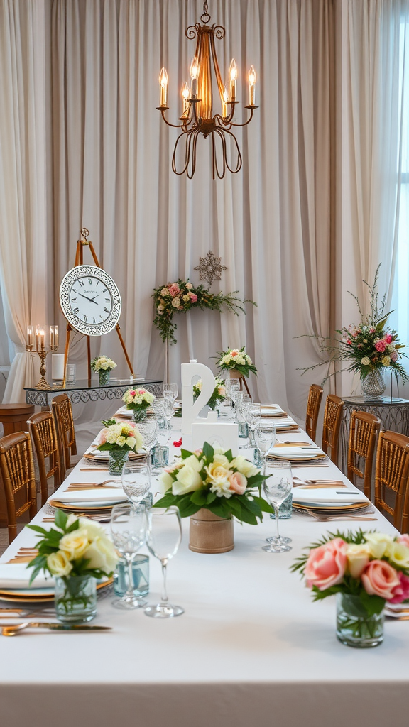 A beautifully arranged wedding table with floral centerpieces, elegant tableware, and soft lighting.