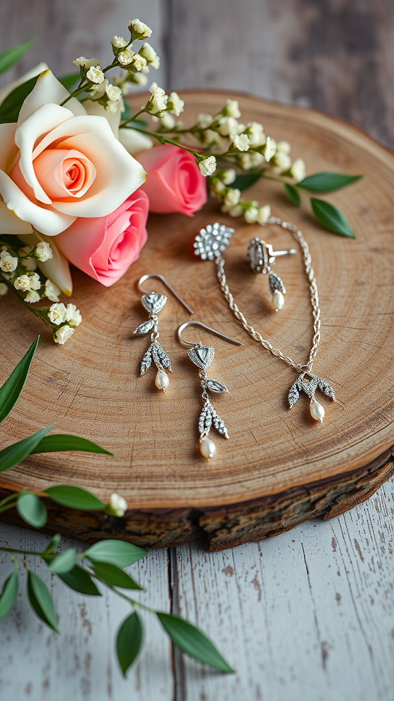 Artisan-crafted bridal jewelry set featuring earrings, bracelet, and ring with floral accents on a wooden surface.