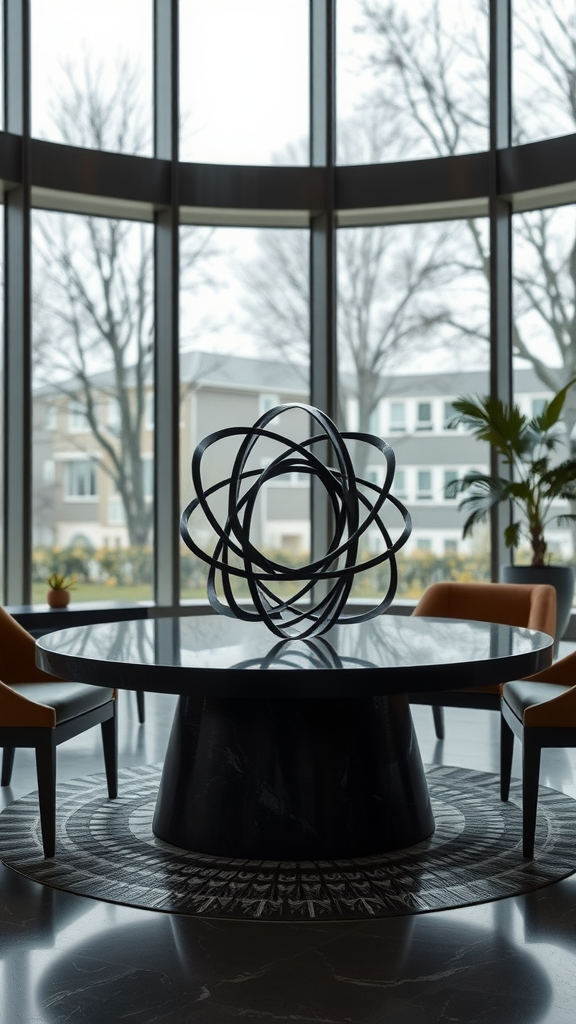 A modern black sculpture centerpiece on a round table with chairs and large windows in the background.