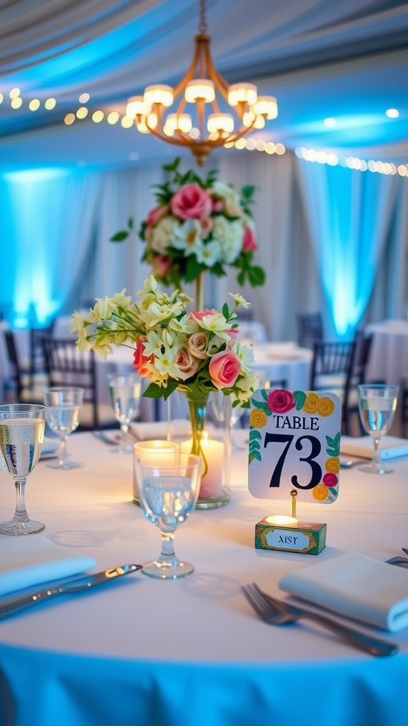 Colorful table number display at a wedding reception with floral centerpieces.