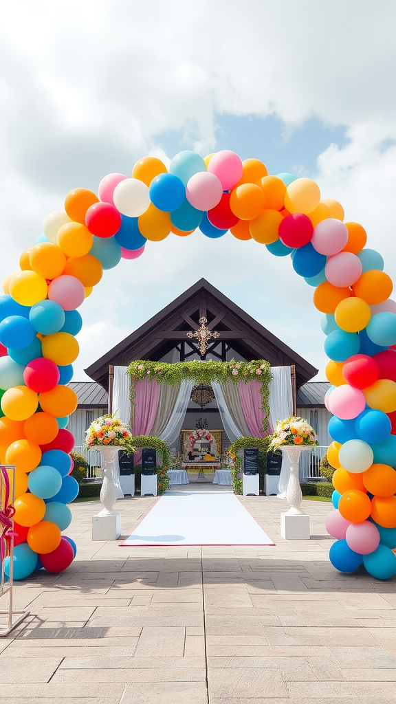 Colorful balloon arch at a wedding entrance