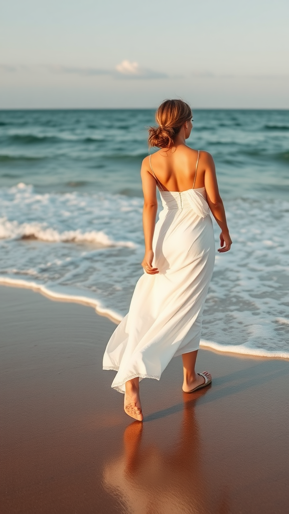 A woman wearing a white beach wedding dress walking along the shoreline.