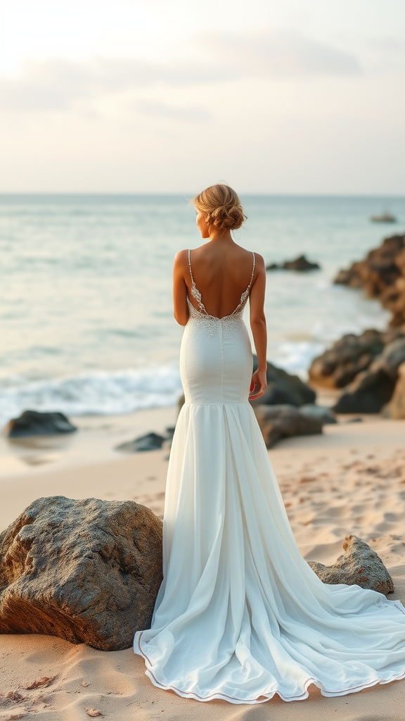 A bride wearing a mermaid wedding dress standing on the beach, with waves and rocks in the background.