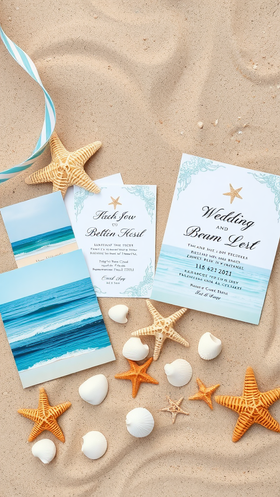 A collection of beach-themed wedding invitations displayed on sand with seashells and starfish.