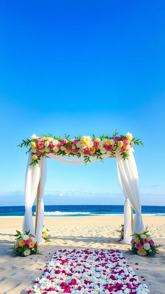 Beach wedding ceremony setup with a floral arch and flower petal pathway.