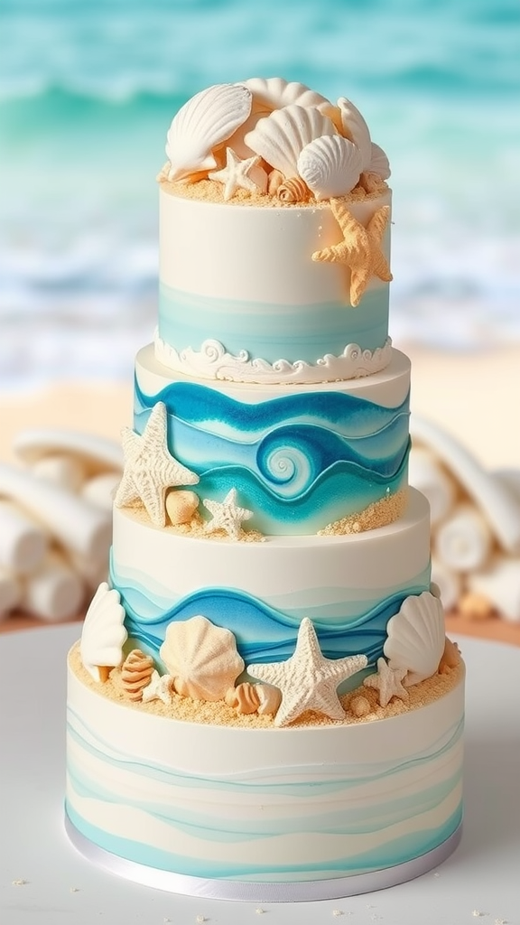 A beach-themed wedding cake with seashells and starfish decorations.