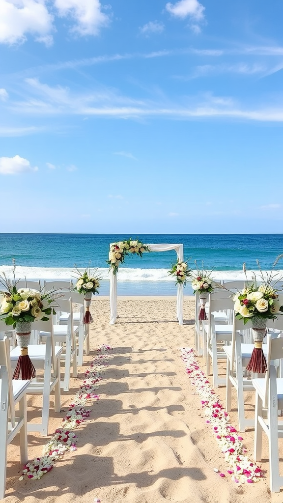 A beautiful beachfront wedding setup with white chairs, floral arrangements, and an ocean view.