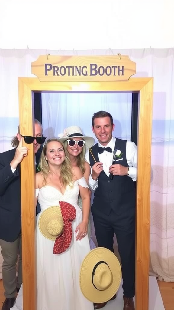 A beachy photo booth setup with guests posing under a sign that says 'HAAR!' and playful letters that read 'YESPE WEDDING NO WOVING'.