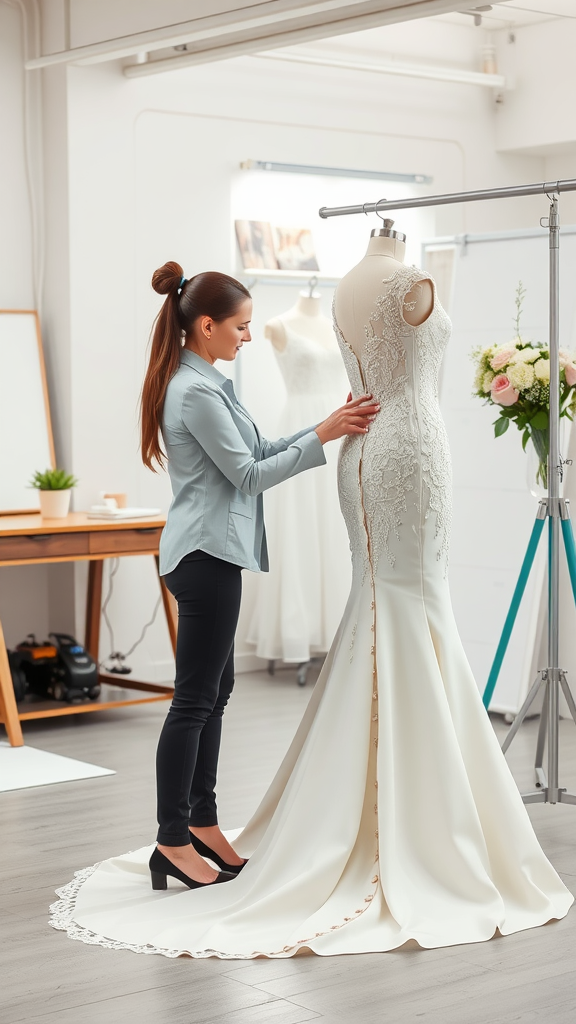 A woman adjusting a mermaid wedding dress on a mannequin in a bright, modern tailoring studio.