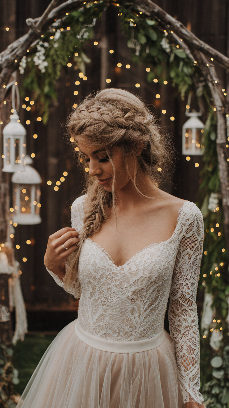 A bride with a bohemian braid crown hairstyle, featuring loose tendrils, in a beautifully decorated outdoor setting.