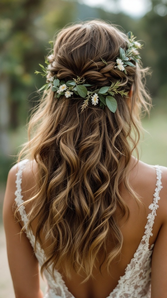 Bohemian half-up hairstyle featuring soft waves and greenery