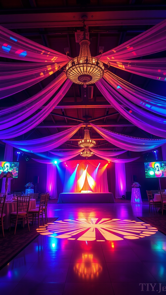 Colorful lighting design with chandeliers and draped fabric at a wedding reception.