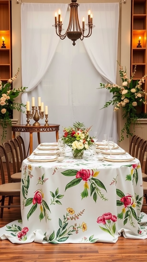 A beautifully decorated wedding table with a floral print tablecloth, elegant centerpieces, and candlelight.