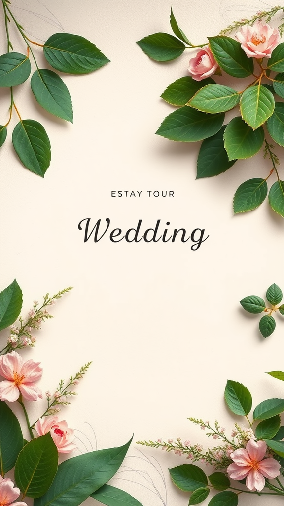 Botanical themed wedding invitation with flowers and leaves.