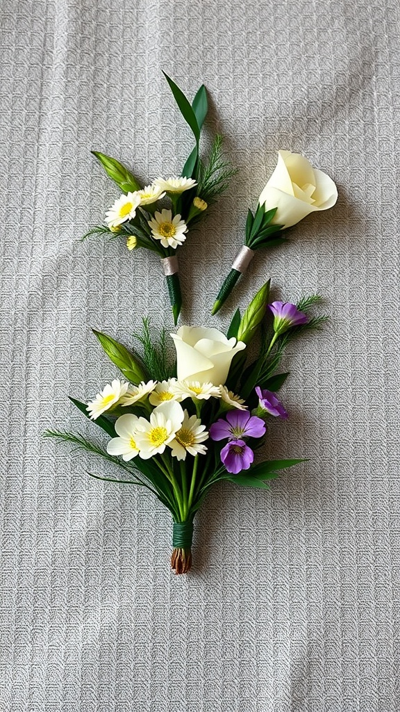 A collection of wedding boutonnieres featuring white calla lilies, daisies, and purple flowers, arranged on a textured gray background.