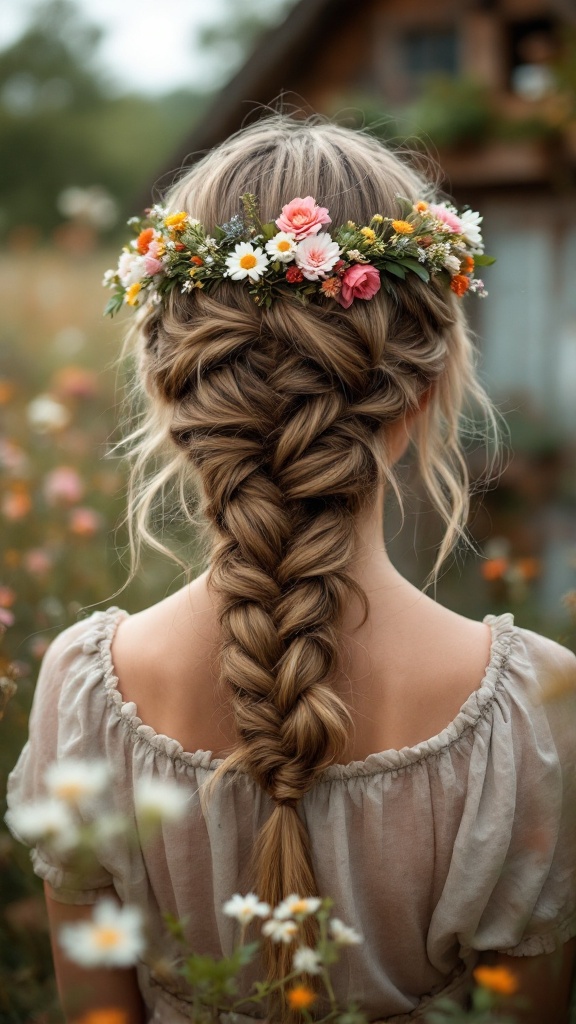 A woman with a braided crown hairstyle adorned with flowers, set in a natural outdoor environment.