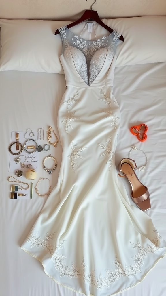 Mermaid wedding dress with bridal accessories laid out