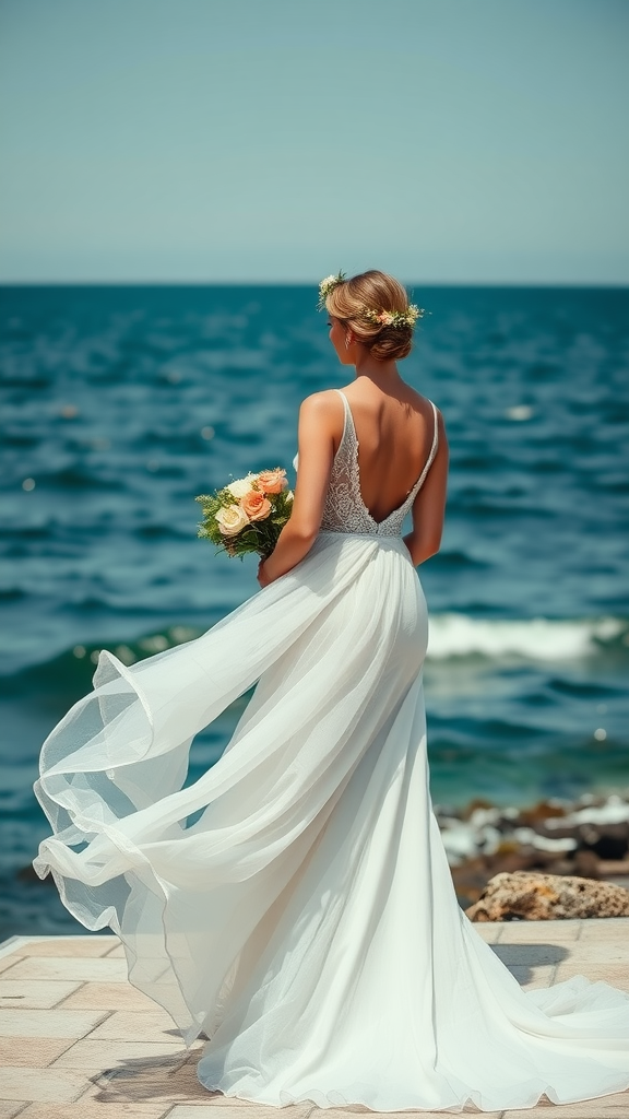 A bride in a flowing white gown stands by the ocean, holding a bouquet with pastel flowers.