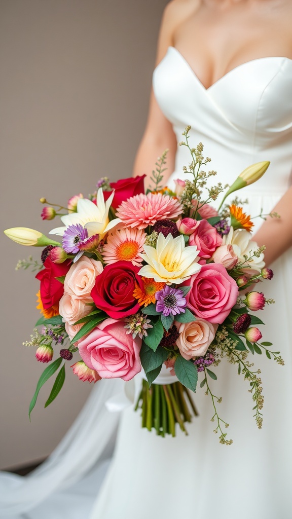 Bridal bouquet with roses, daisies, and lilies in vibrant colors