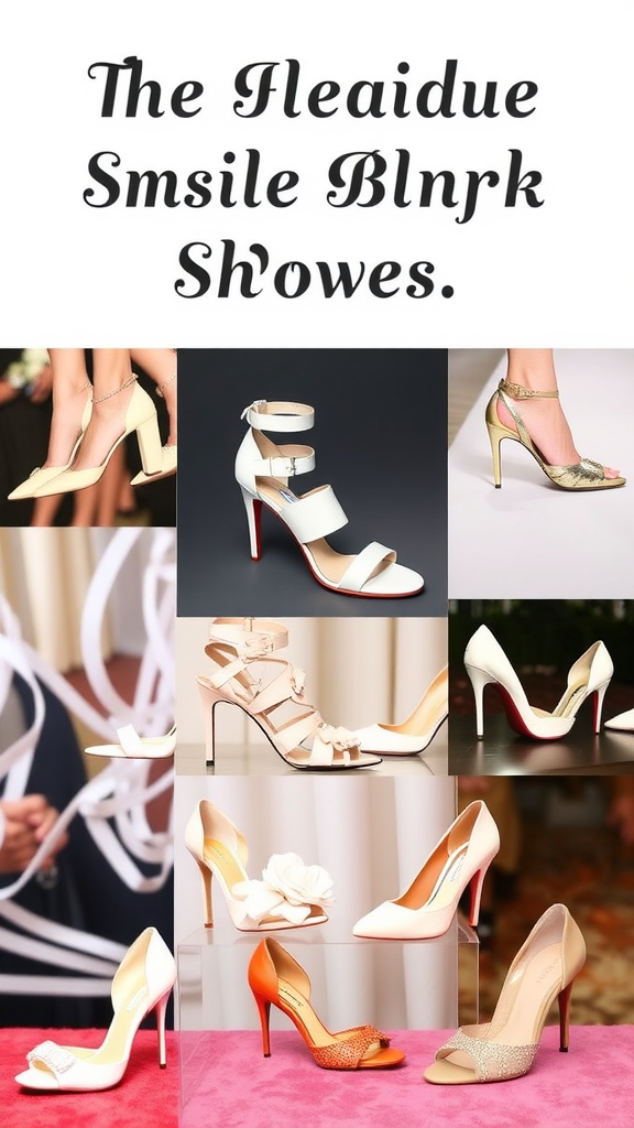 A variety of elegant bridal shoes displayed, showcasing different styles and designs.