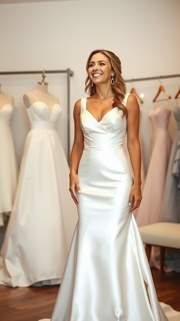 A smiling bride in a sleek satin wedding dress stands confidently in a bridal shop surrounded by various dresses.