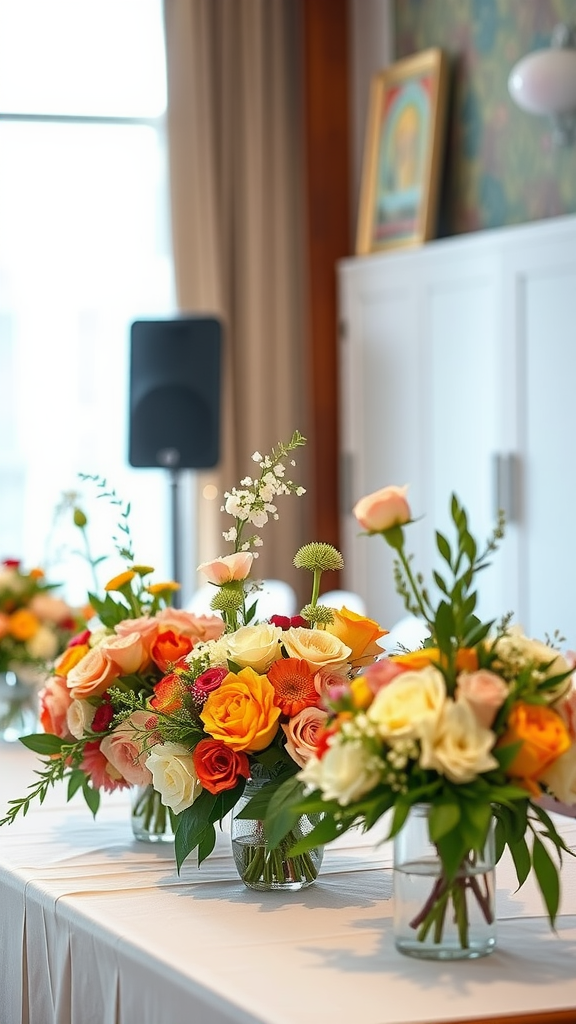 Bright floral bouquets on a wedding table