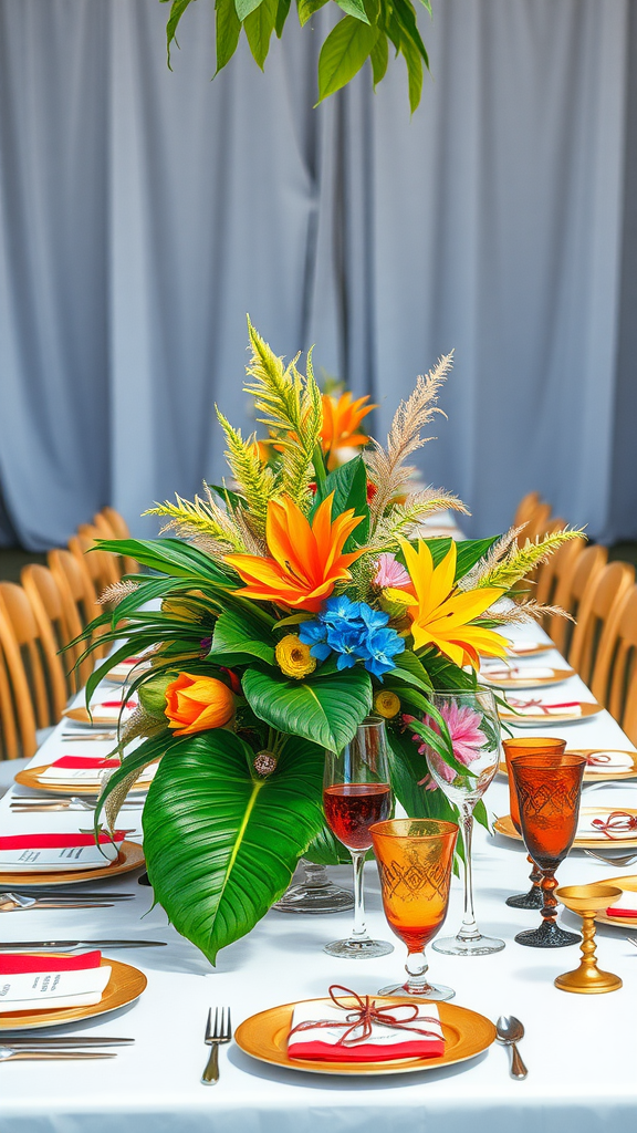 Wedding table decorated with bright tropical flowers and colorful glasses.