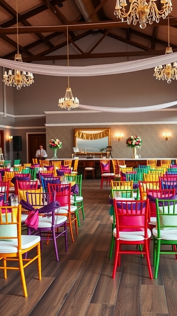 Colorful chairs arranged for a wedding reception.