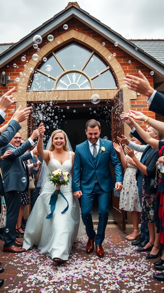 A bride and groom exiting a venue, surrounded by guests throwing bubbles and confetti.