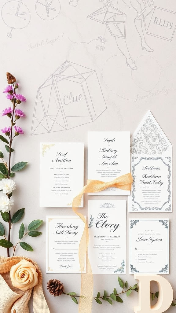 A flat lay of elegant wedding invitations surrounded by flowers and decorative elements.