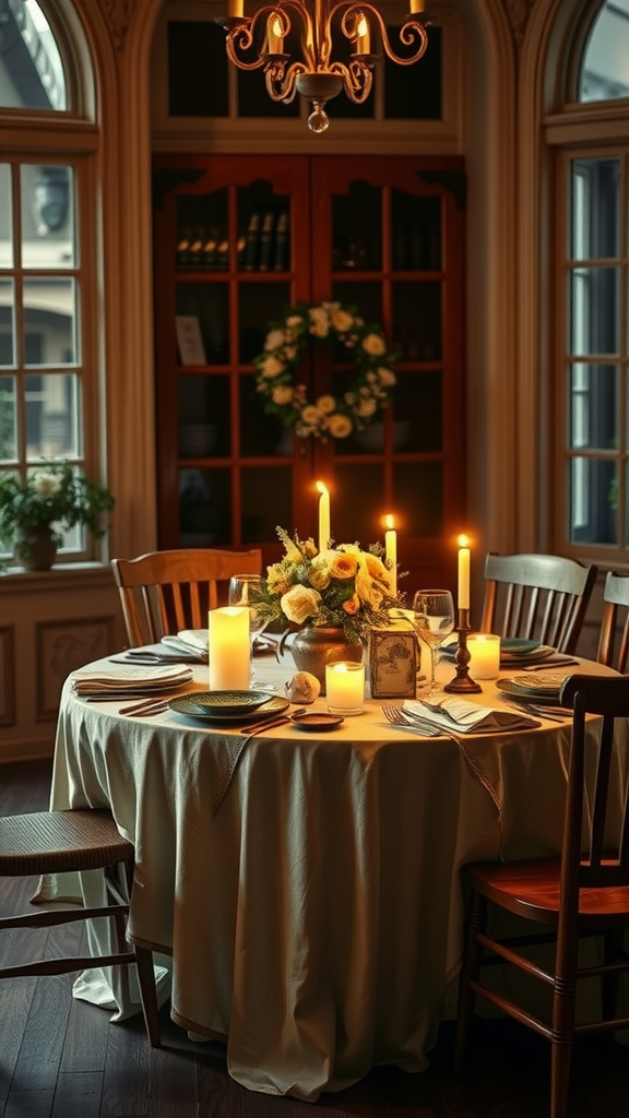 A beautifully set wedding welcome table with candles and flowers.