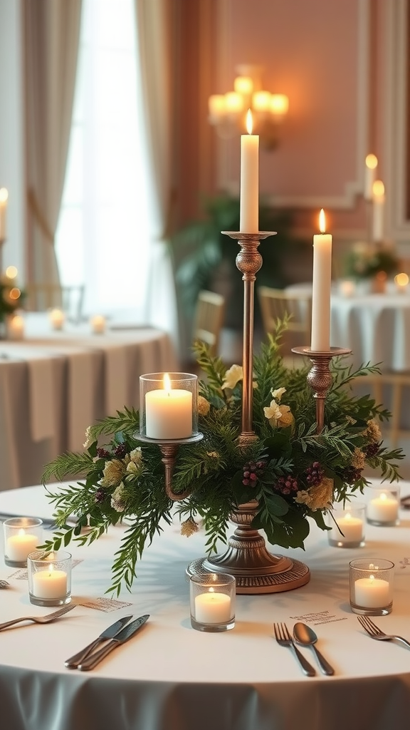 Elegant candlelit wedding table centerpiece with greenery and surrounding candles