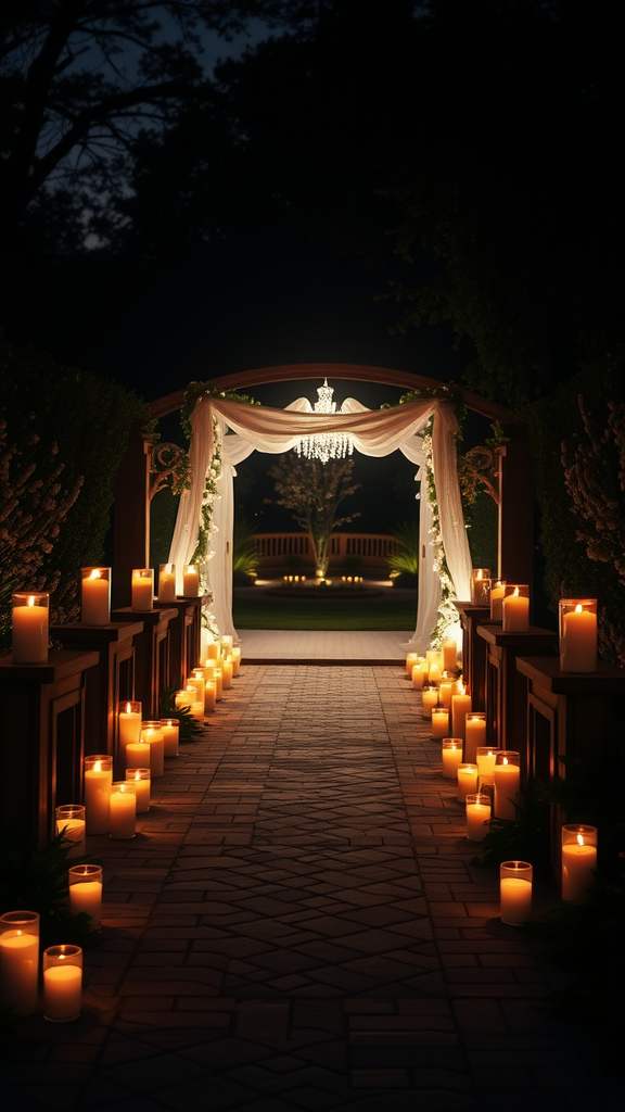A beautifully lit candlelit pathway leading to a wedding altar, surrounded by greenery and drapery.