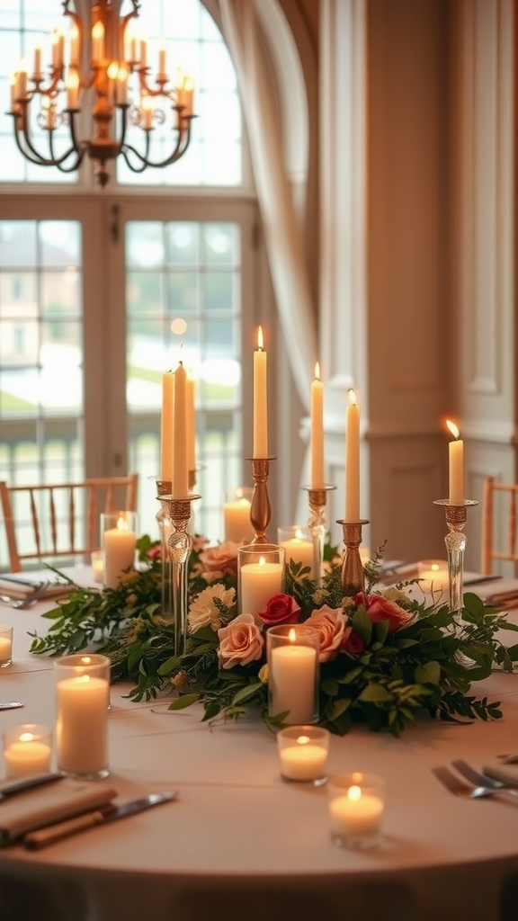 A beautifully decorated wedding table featuring candles and floral arrangements.