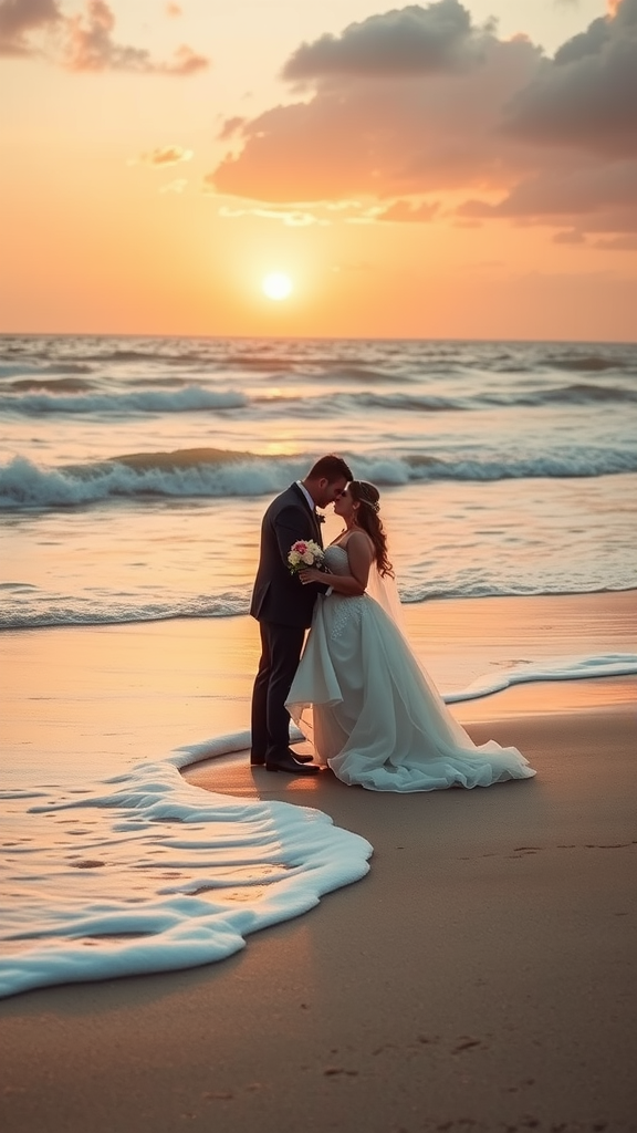 A couple in wedding attire embracing on the beach during sunset.