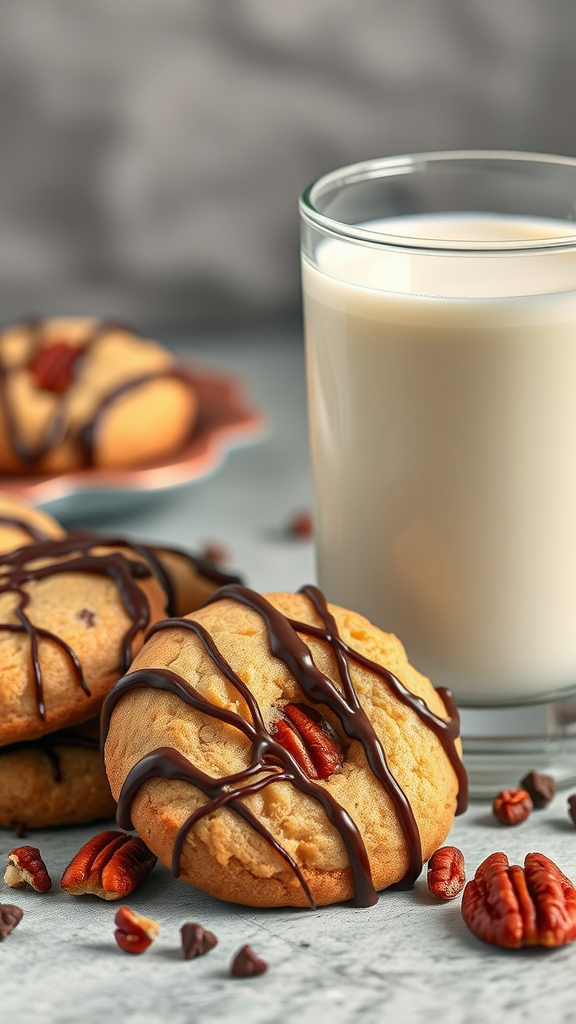 Close-up of caramel pecan turtle cookies with chocolate drizzle, next to a glass of milk