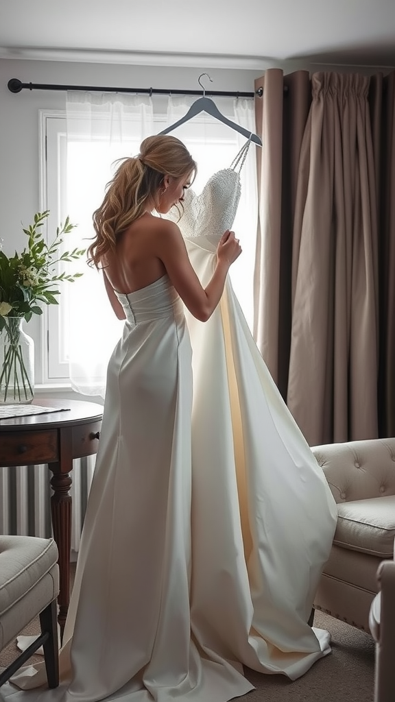 A woman admiring a satin wedding dress hanging in a well-lit room.