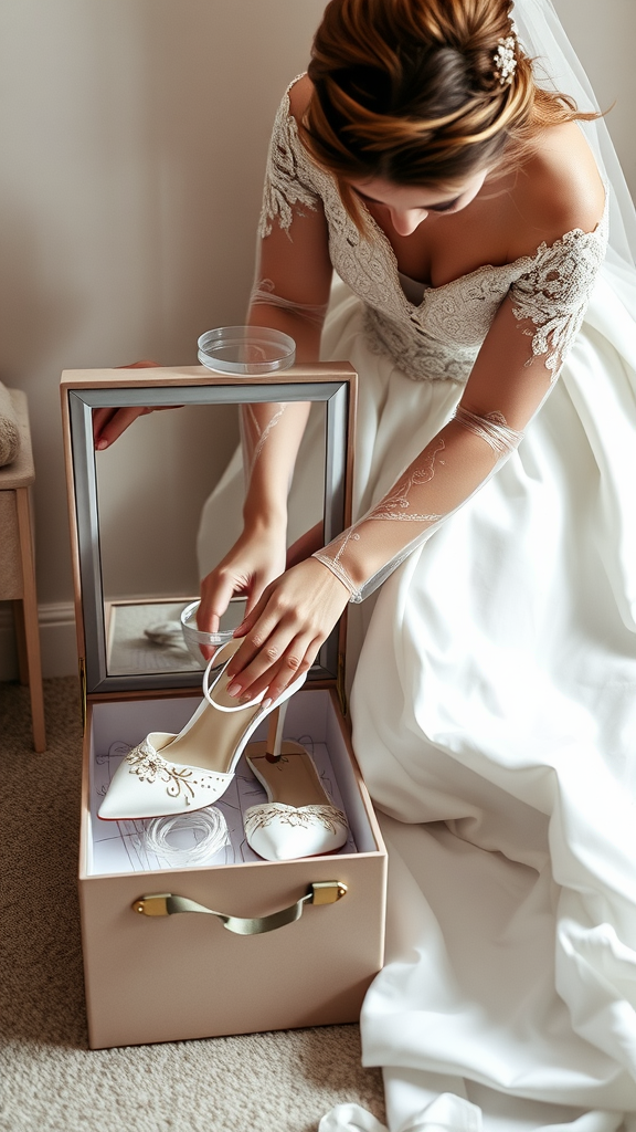 A bride carefully placing her wedding shoes into a beautiful storage box.