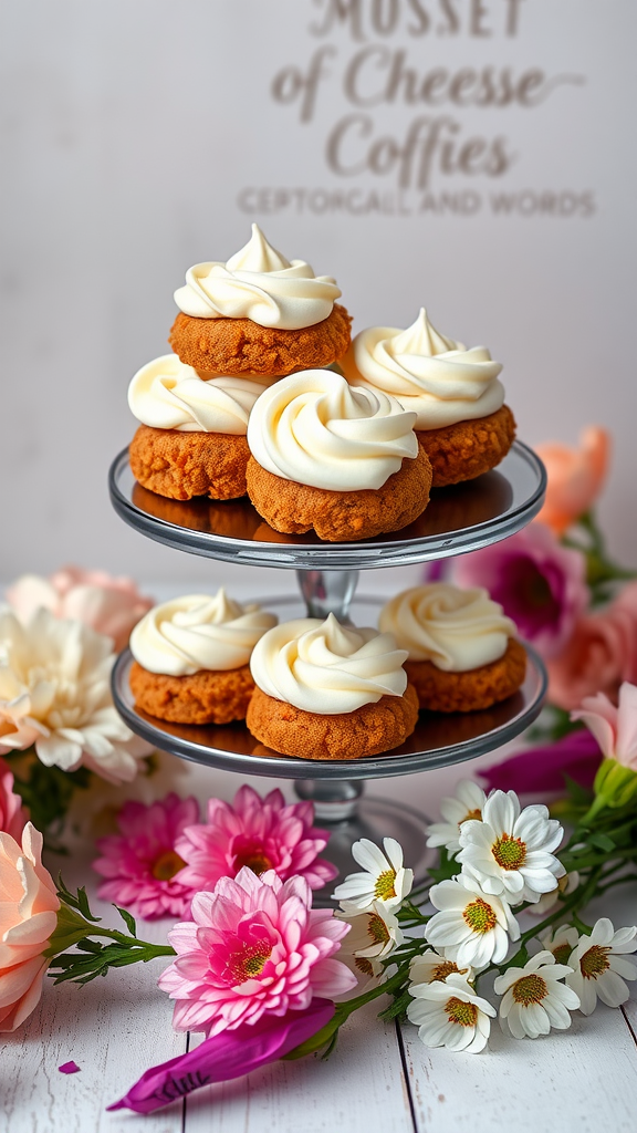 A tiered display of carrot cake cookies topped with cream cheese frosting, surrounded by colorful flowers.