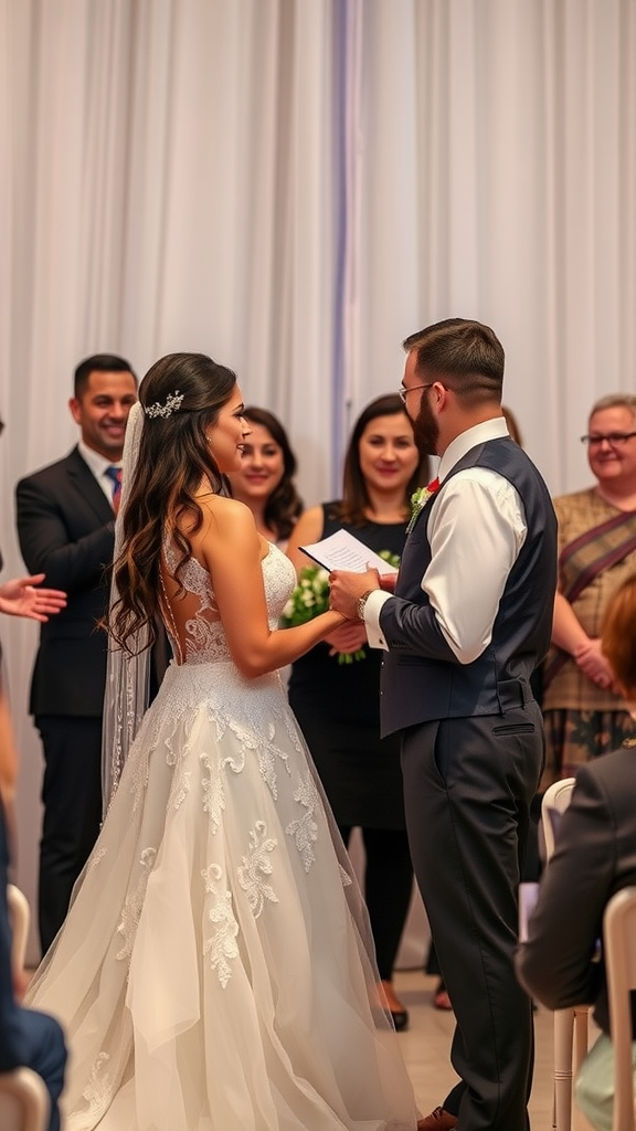 A couple exchanging vows during their wedding ceremony surrounded by family and friends.