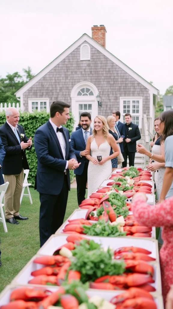 A table setting by the waterfront featuring lobster, drinks, and guests enjoying a meal together.